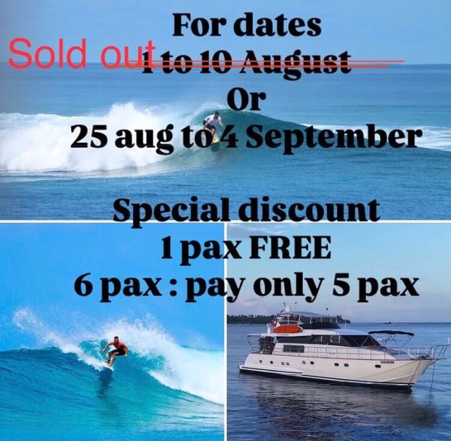 Last available dates for this summer surfing on yacht Fascination in the iconic surf breaks of the Maldives 

Contact us by email for info 
ℹ️ info@fascinationmaldives.com 

WhatsApp: +33609870931

#surf #surfing #surfingtrip #surftrip #maldivessurf